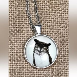 Dome Glass Round Owl Pendant Necklace Silver Tone Dark Academia Goblin Core